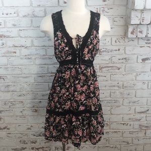Xhilaration Floral Dress Black Pink Tie back